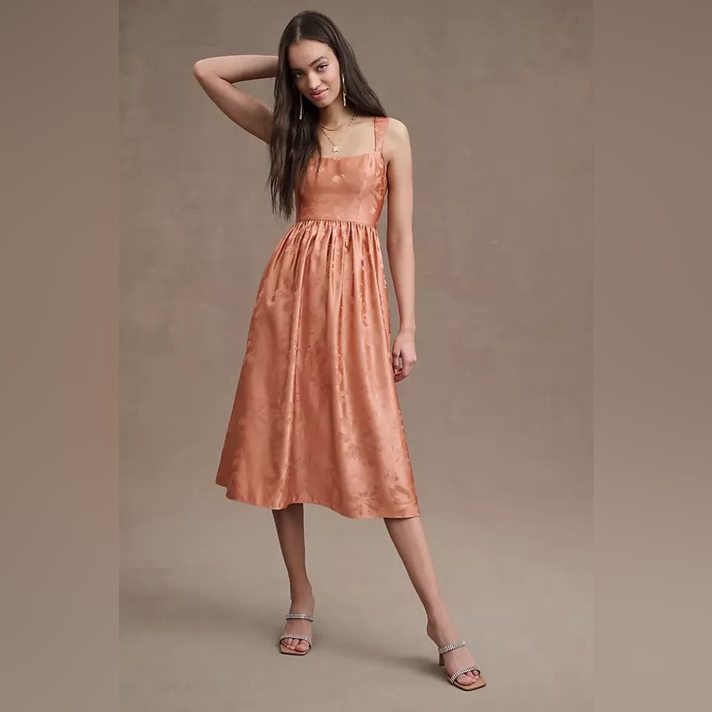 BHLDN poppy square-neck satin A-Line Midi Dress